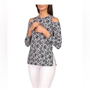 Michael Kors Black & White Cold-Shoulder Lace-Print Tunic Size Large